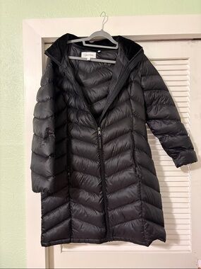 Calvin Klein Black Quilted Long Puffer Coat with Hood